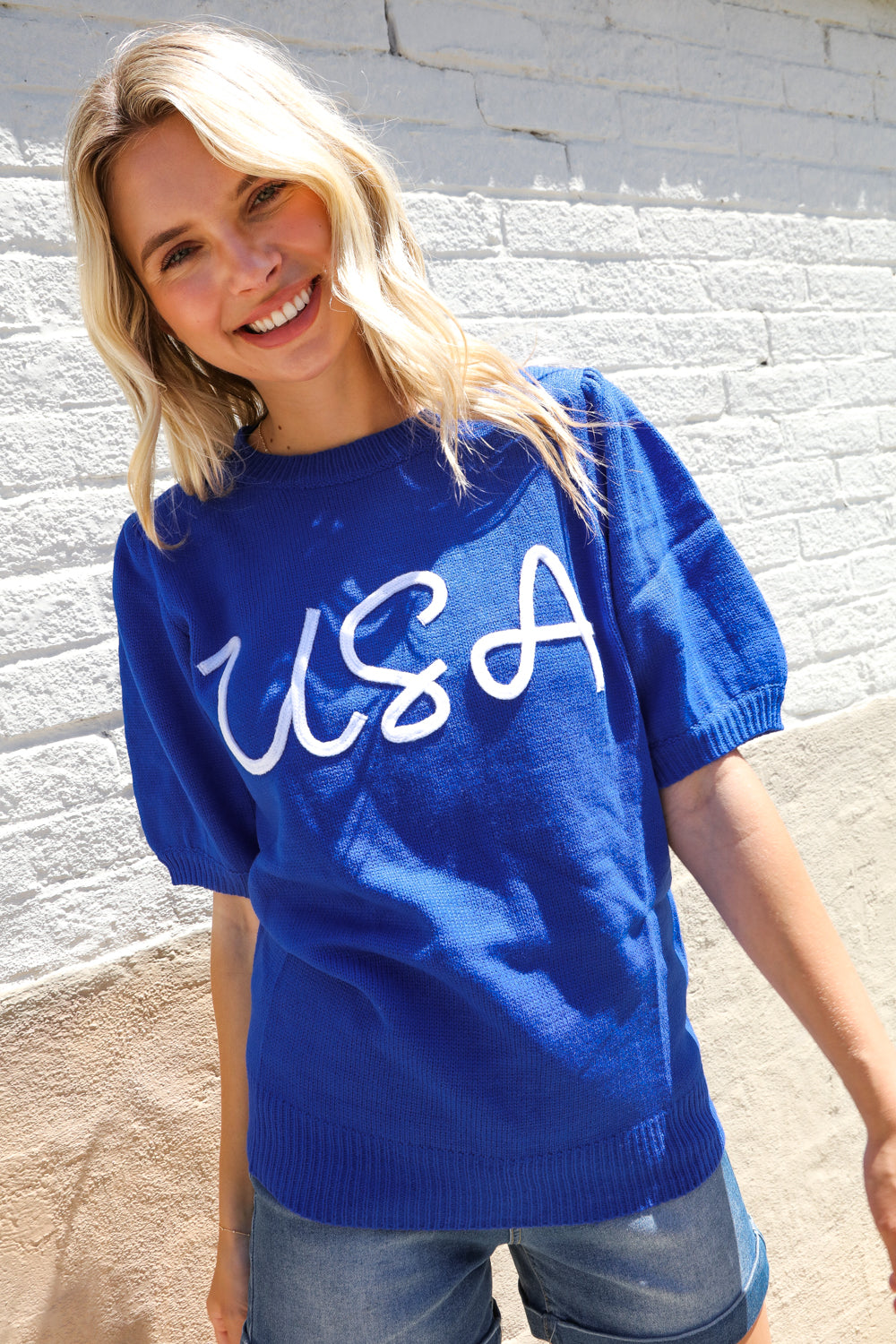 Haptics Patriotic USA Blue Knit Embroidery Puff Sleeve Sweater Top