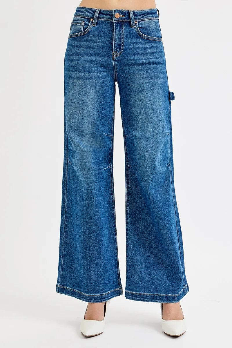 RISEN Dark Washed High Rise Wide Leg Patch Detailed Jeans DARK