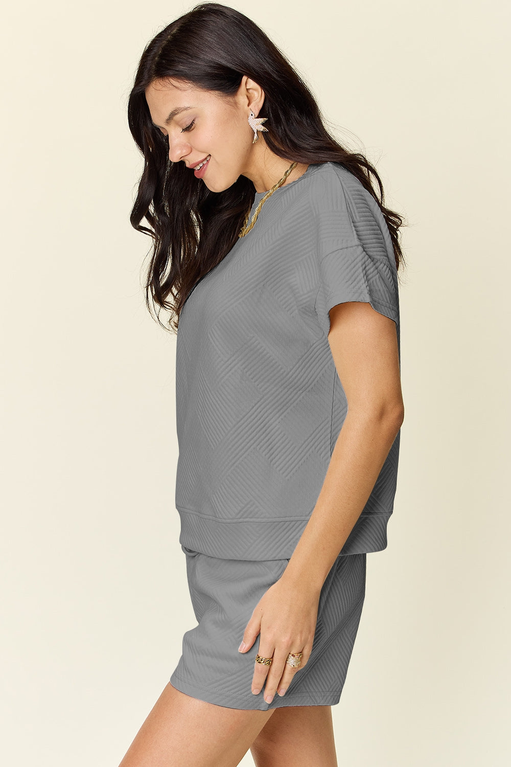 11 Colors- Double Take Quilted Textured Short Sleeve T-Shirt and Drawstring Shorts Set Loungewear