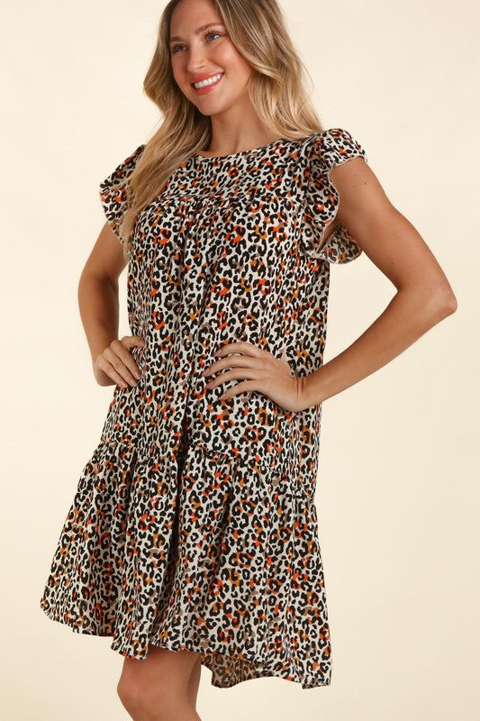 Haptics Taupe Leopard Print Tiered Ruffle Sleeve Woven Dress Small Dresses