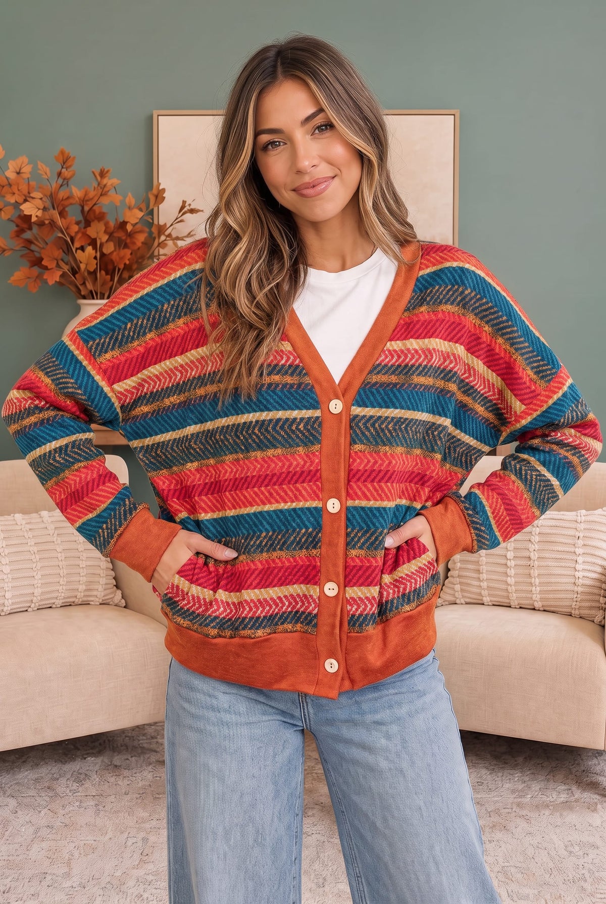 Haptics Snuggle Up Striped Button Down Cardigan Cardigans
