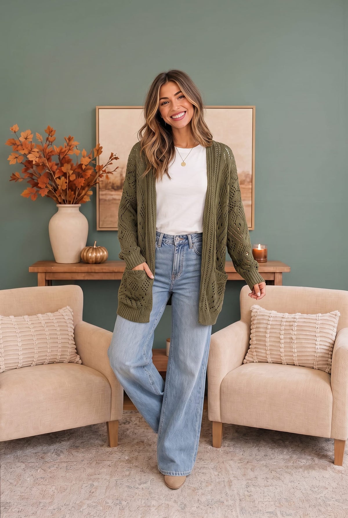 Kye Mi Cozy Days Open Knit Cardigan in Olive