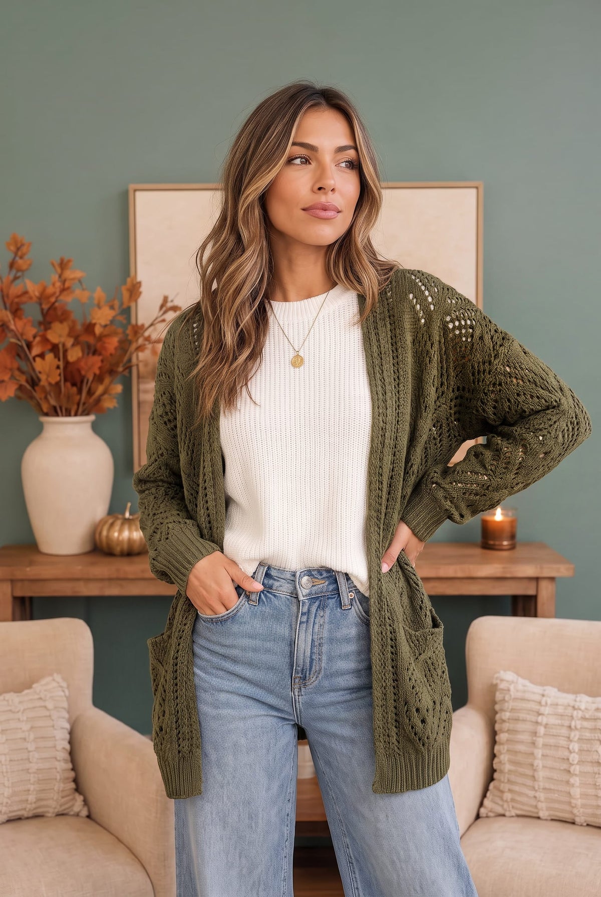 Kye Mi Cozy Days Open Knit Cardigan in Olive