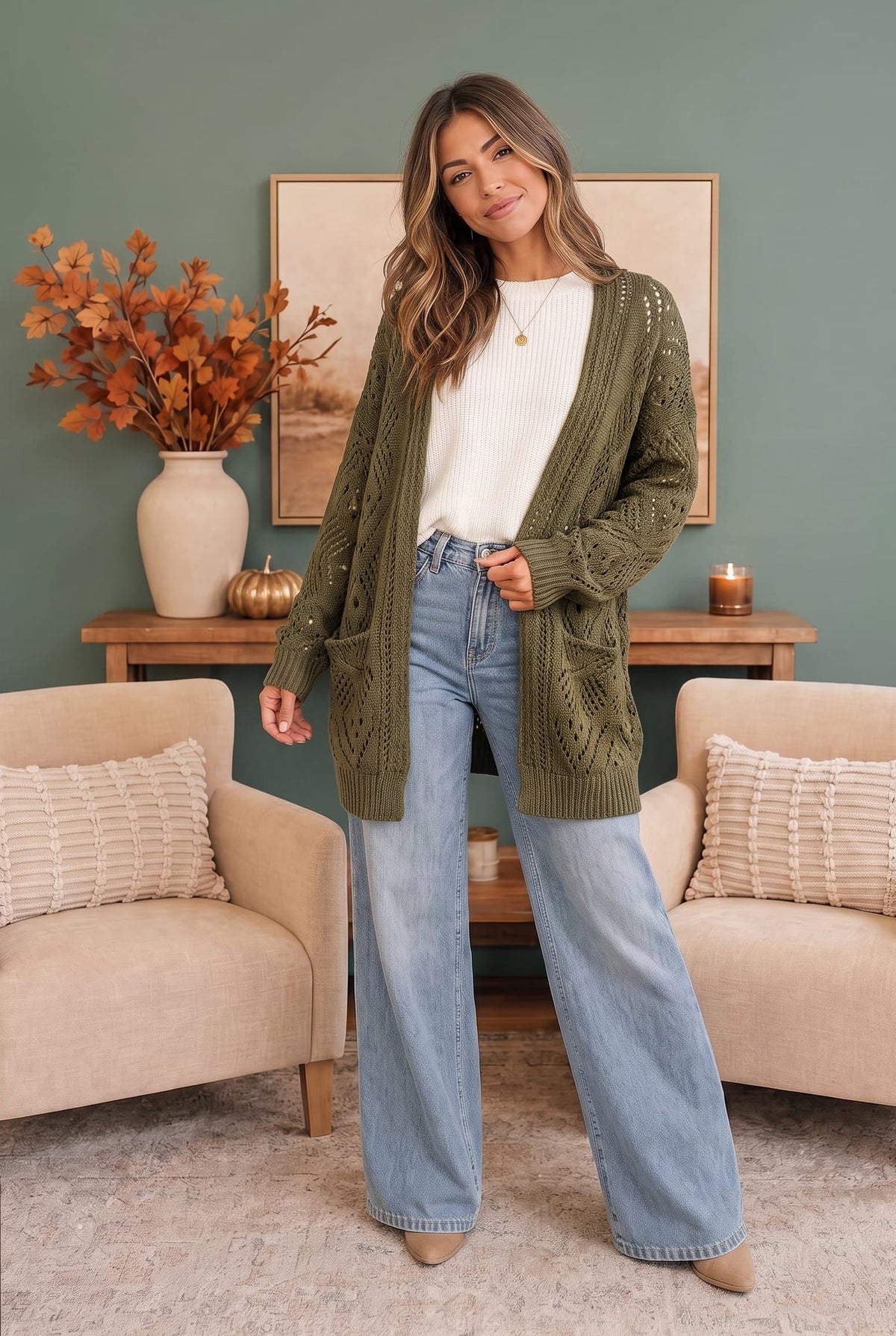 Kye Mi Cozy Days Open Knit Cardigan in Olive
