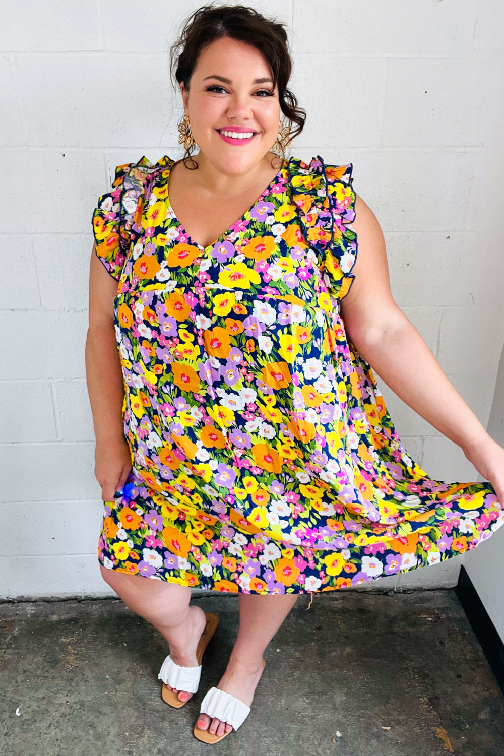 Haptics Indigo & Lemon Floral Babydoll Ruffle Dress Final Sale