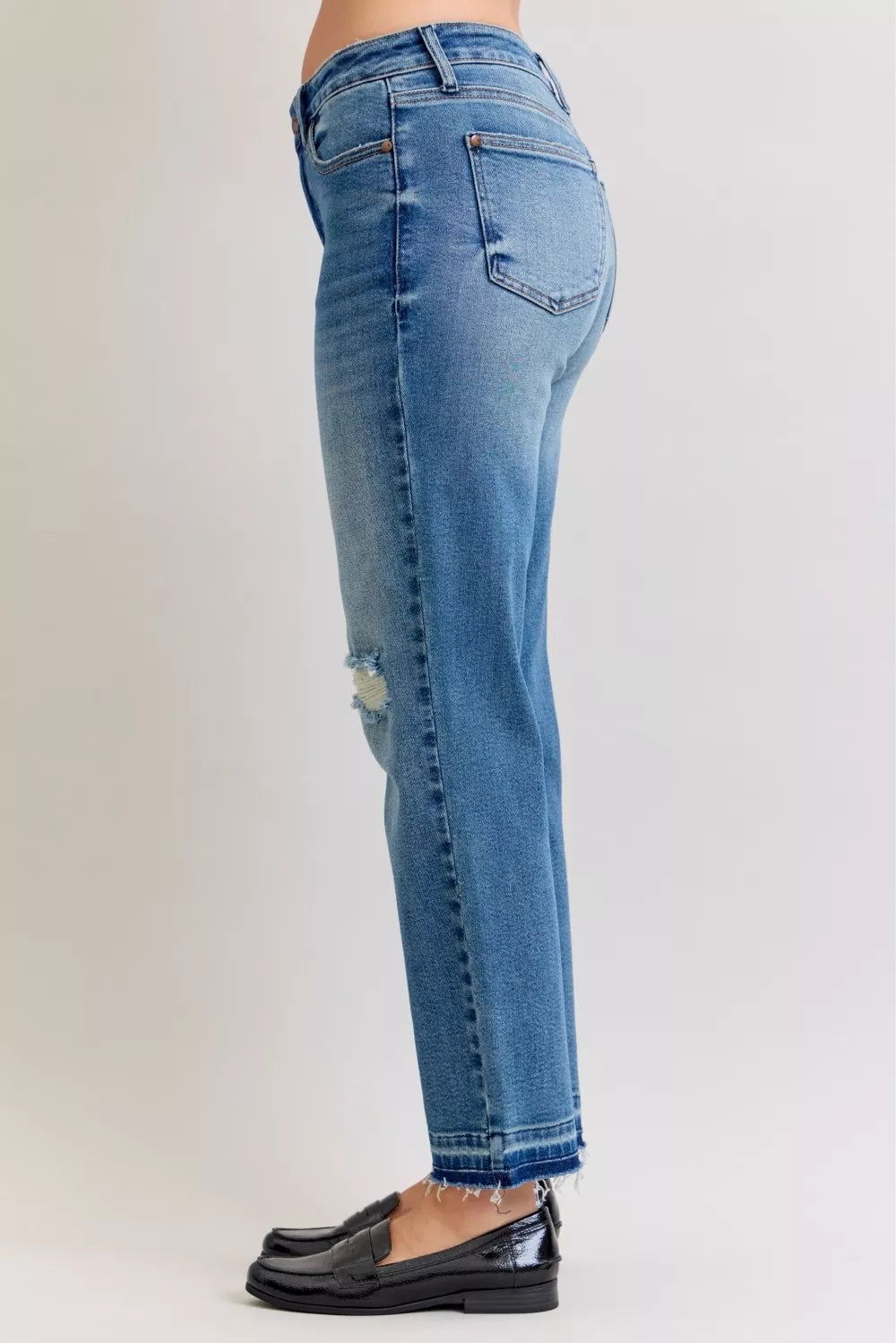 Judy Blue Mid Rise Boyfriend Patch & Repair Destroyed Release Hem Jeans