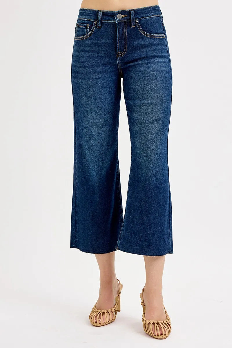 RISEN Dark Washed Tummy Control High Rise Raw Hem Cropped Wide Leg Jeans