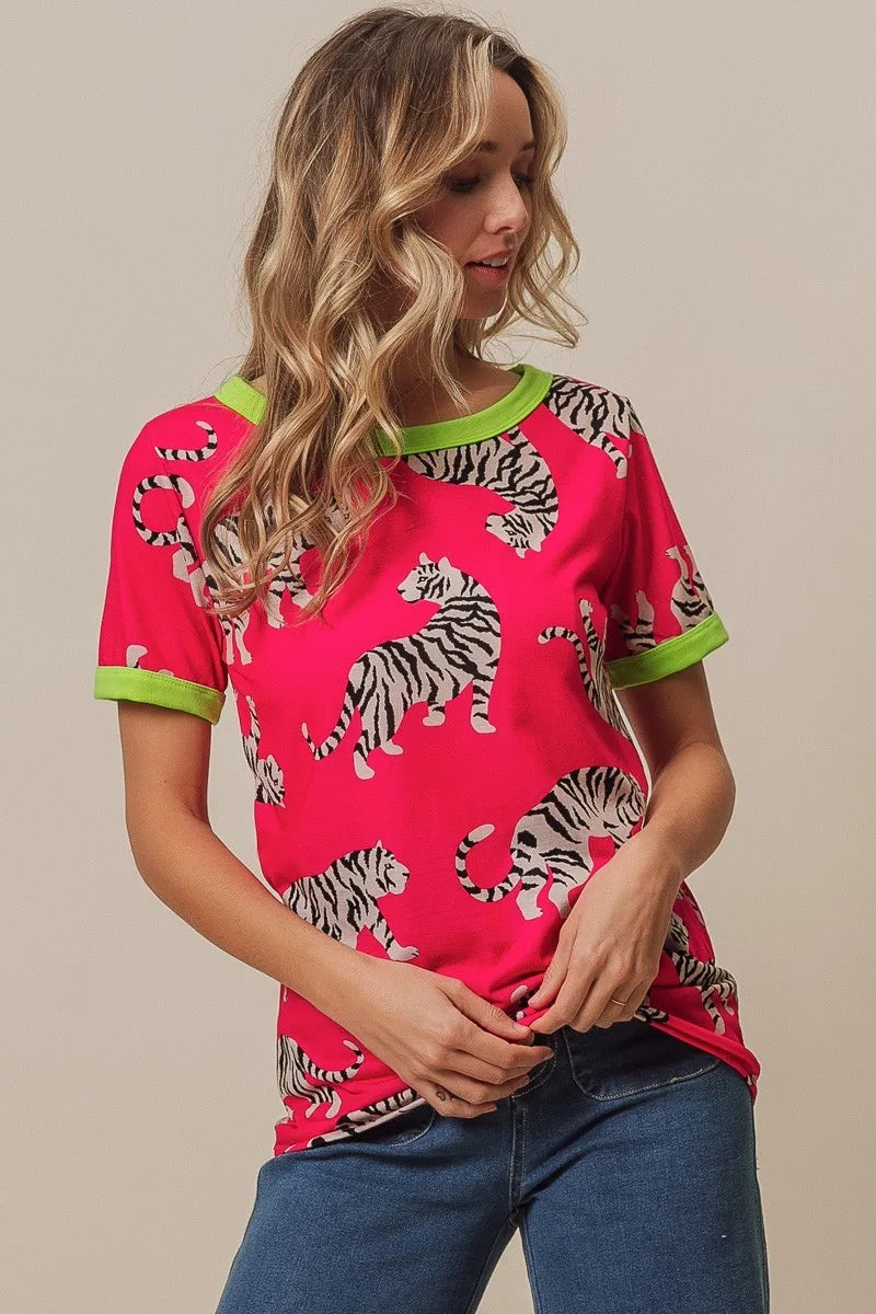BiBi Fuchsia Big Tiger Print Jersey Contrast Ringer Top