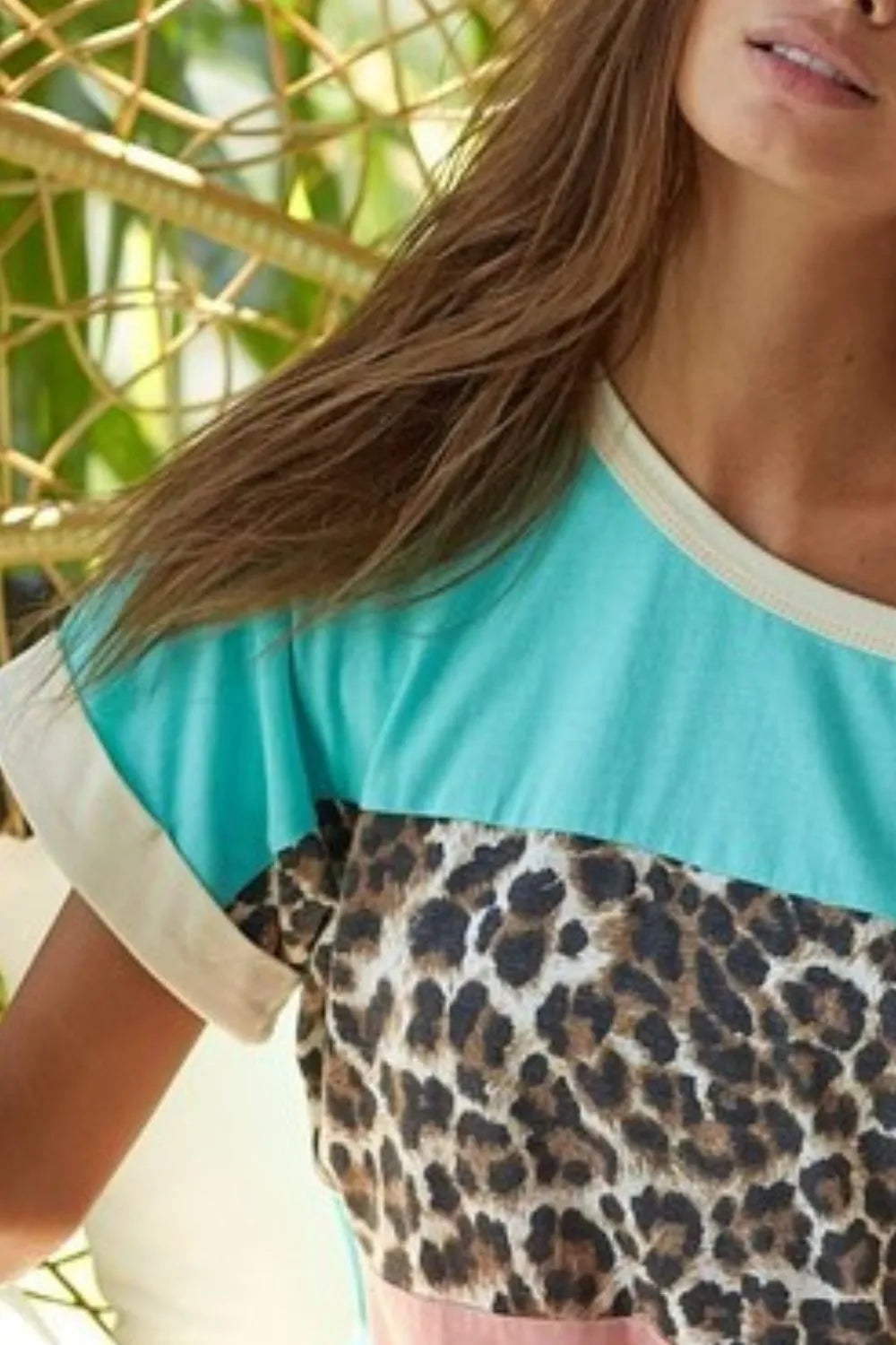 BiBi Mint & Rose Leopard Printed Jersey Color Block Roll Up Top