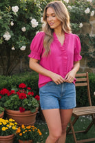 Jodifl Ruffle Front Button Top in Hot Pink