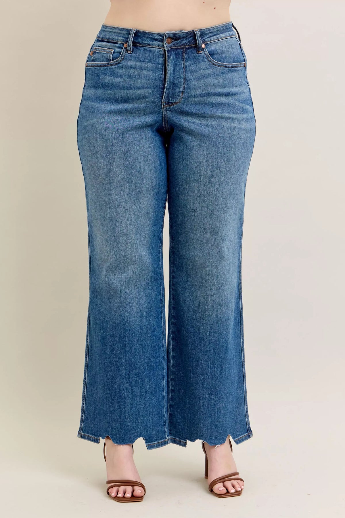 Judy Blue Medium Washed High Waist Tummy Control Chew Hem Destroyed Wide Jeans
