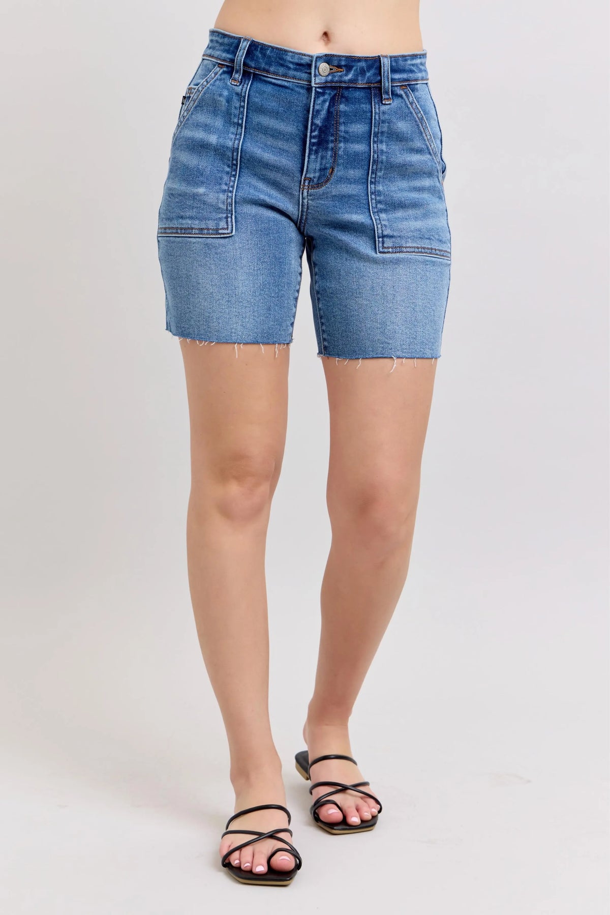 Judy Blue Mid Rise Bermudas Denim Shorts W/ Back Flap Pockets