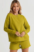 Double Take Quilted Textured Long Sleeve Top and Drawstring Shorts Set in Five Colors Chartreuse Sets