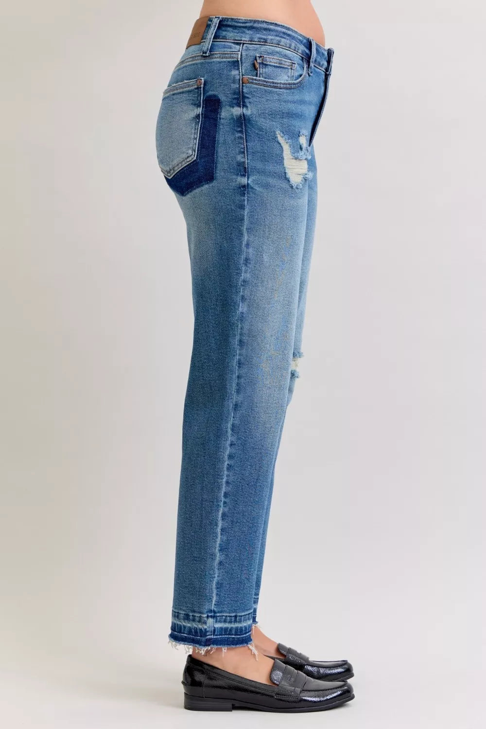 Judy Blue Mid Rise Boyfriend Patch & Repair Destroyed Release Hem Jeans
