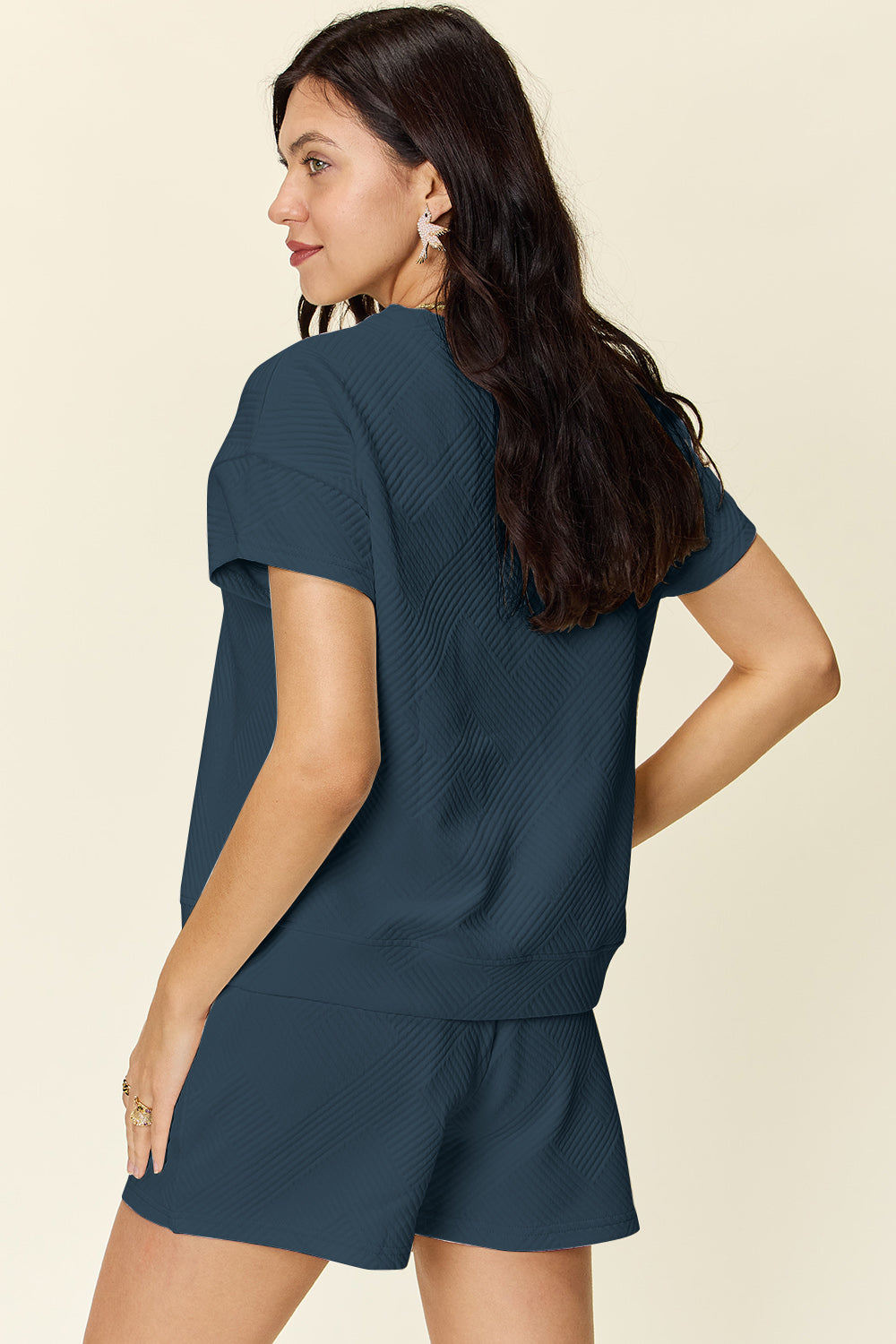 11 Colors- Double Take Quilted Textured Short Sleeve T-Shirt and Drawstring Shorts Set Loungewear
