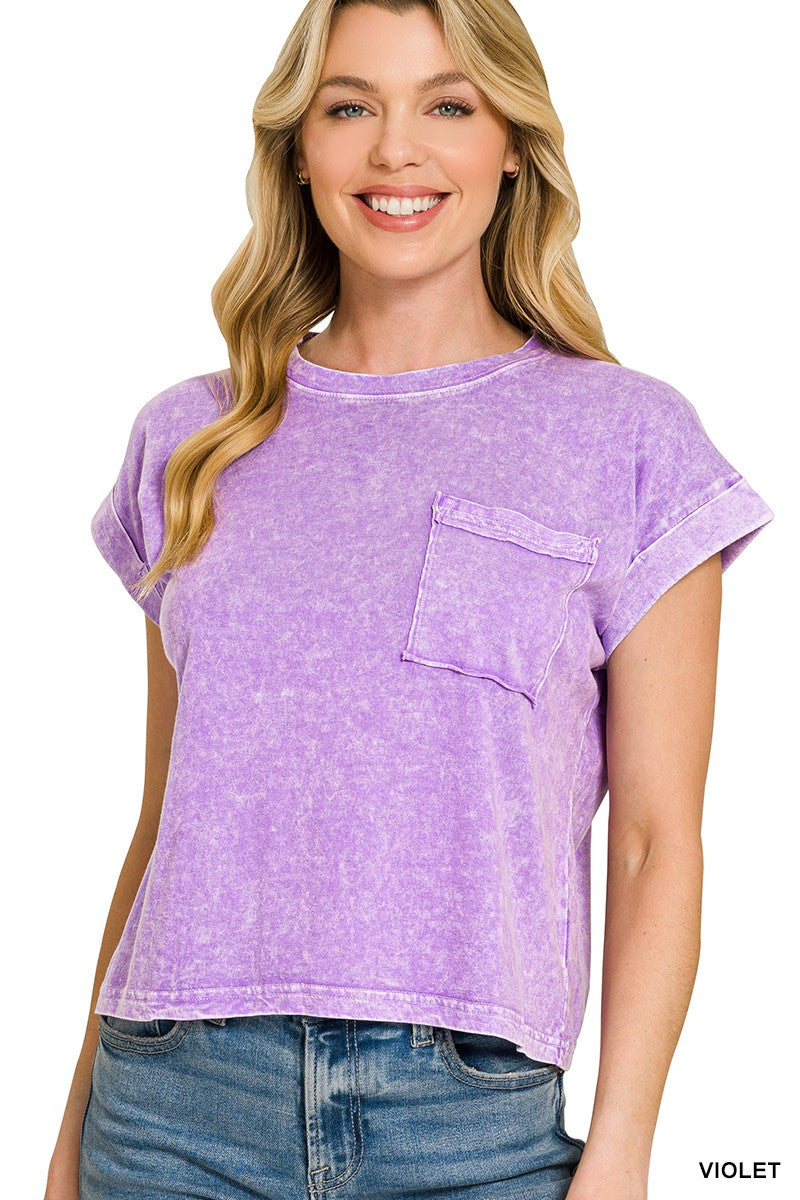 Zenana Violet Halo Snow Washed Cotton Cuffed Short Sleeve Top VIOLET