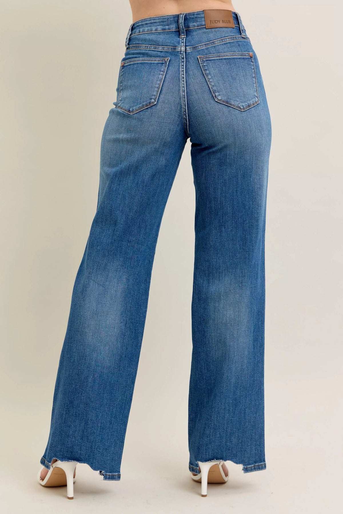 Judy Blue Medium Washed High Waist Tummy Control Chew Hem Destroyed Wide Jeans