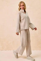 BiBi Taupe Two Tone Rib Texured Knit Collared Top with Zip Up