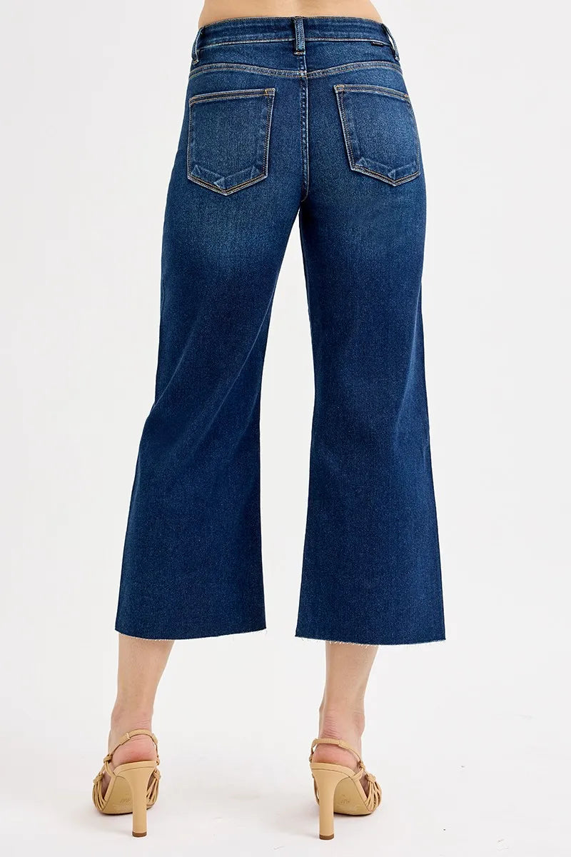 RISEN Dark Washed Tummy Control High Rise Raw Hem Cropped Wide Leg Jeans