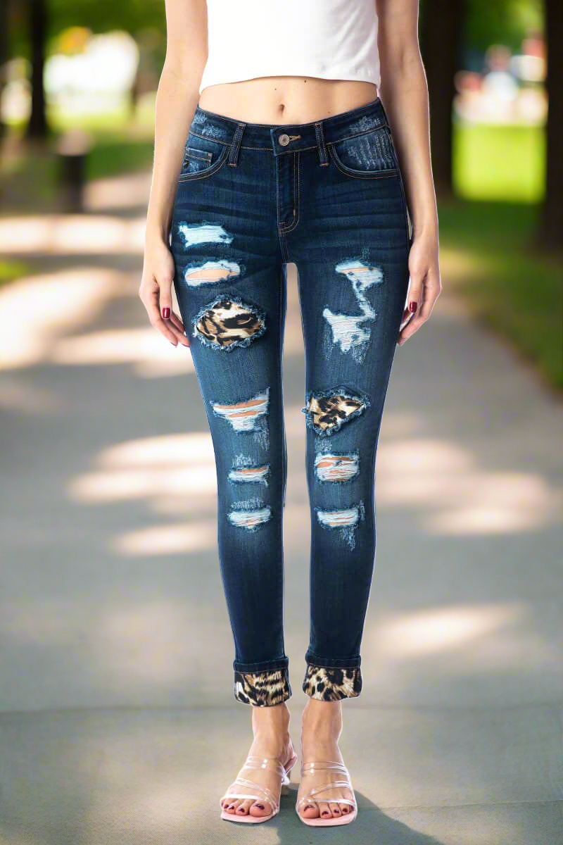 KanCan Mid Rise Distressed Leopard Print Accent Super Skinny Jeans Jeans