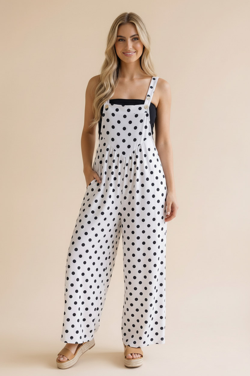 Haptics Spot On Polka Dot Wide Leg Bib Overall Jumpsuit in White & Black