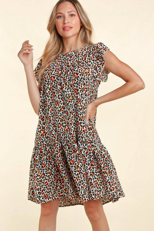 Haptics Taupe Leopard Print Tiered Ruffle Sleeve Woven Dress Dresses