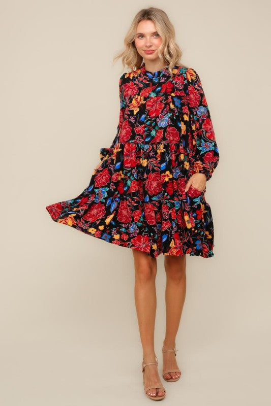 Haptics Bold Blooms Long Sleeve Tiered Mini Dress Dresses