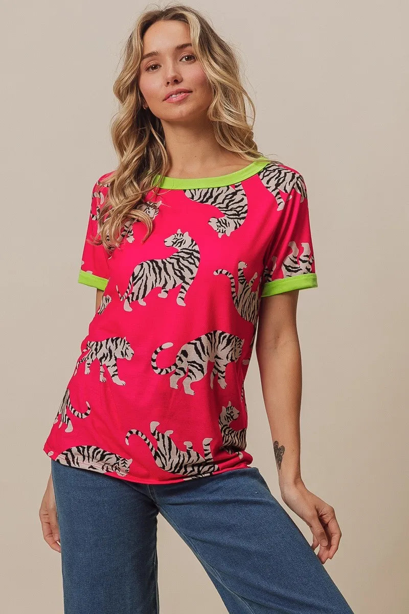 BiBi Fuchsia Big Tiger Print Jersey Contrast Ringer Top