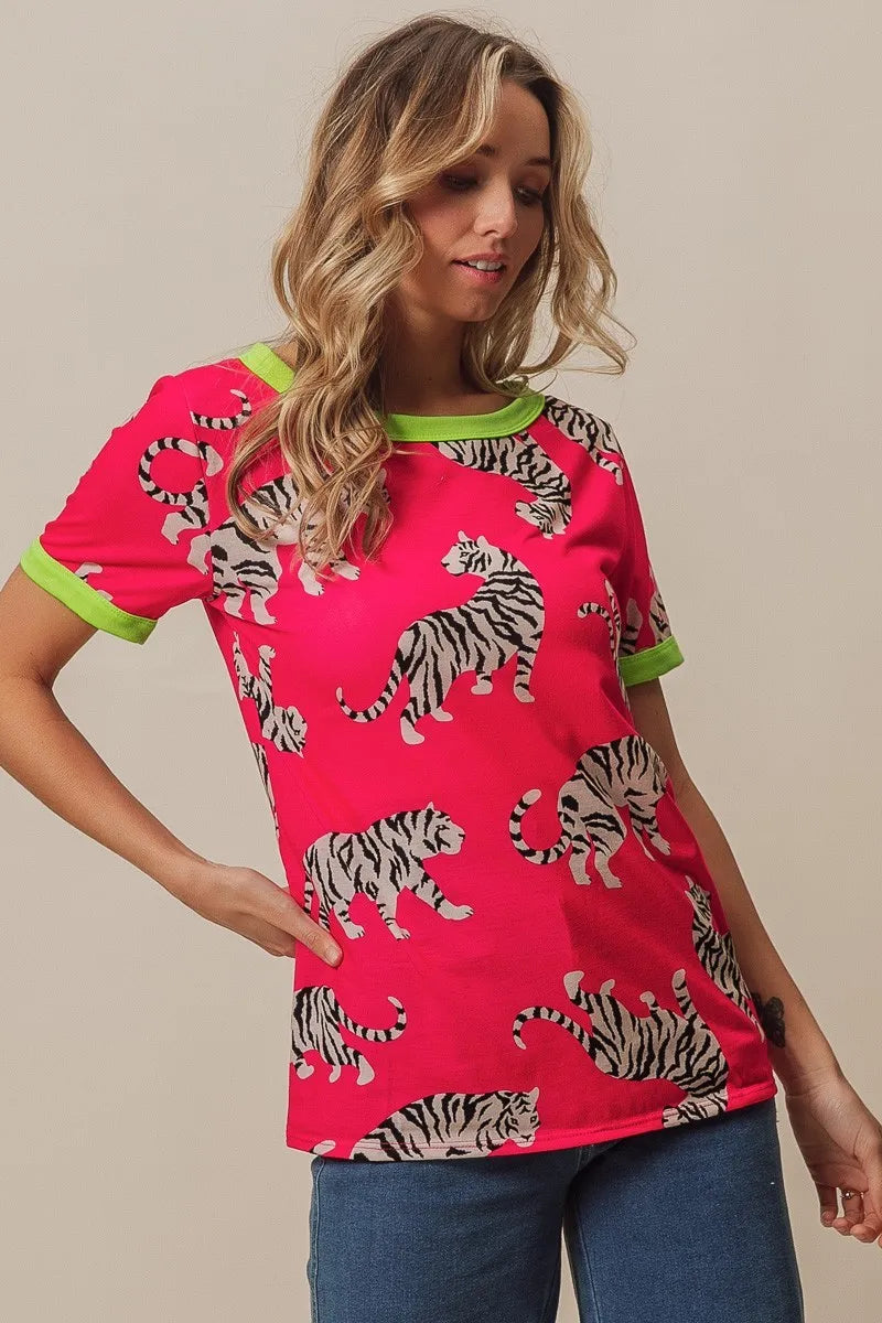 BiBi Fuchsia Big Tiger Print Jersey Contrast Ringer Top