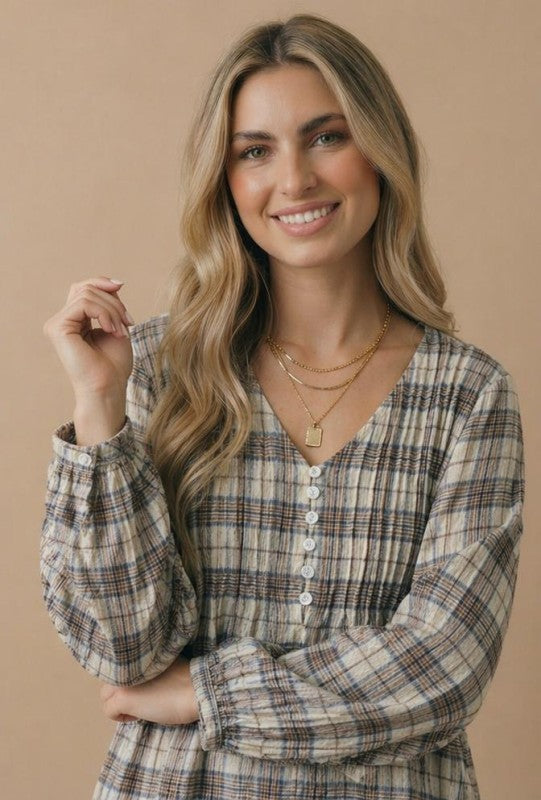 Haptics All in Check Pintuck Button Front Blouse in Oatmeal Tops