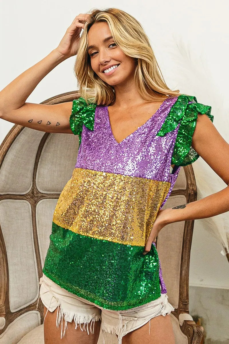 BiBi Mardi Gras Sequin Color Block Ruffled Top