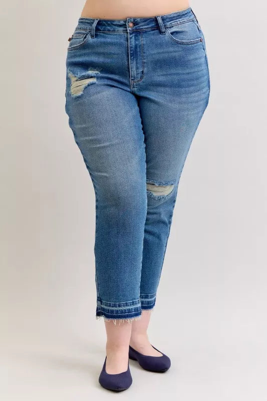Judy Blue Mid Rise Boyfriend Patch & Repair Destroyed Release Hem Jeans