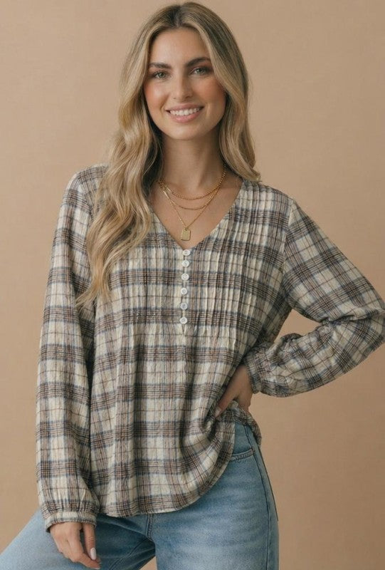 Haptics All in Check Pintuck Button Front Blouse in Oatmeal Tops