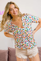 BiBi Multi Color Leopard Jersey Shirred V Neck Top