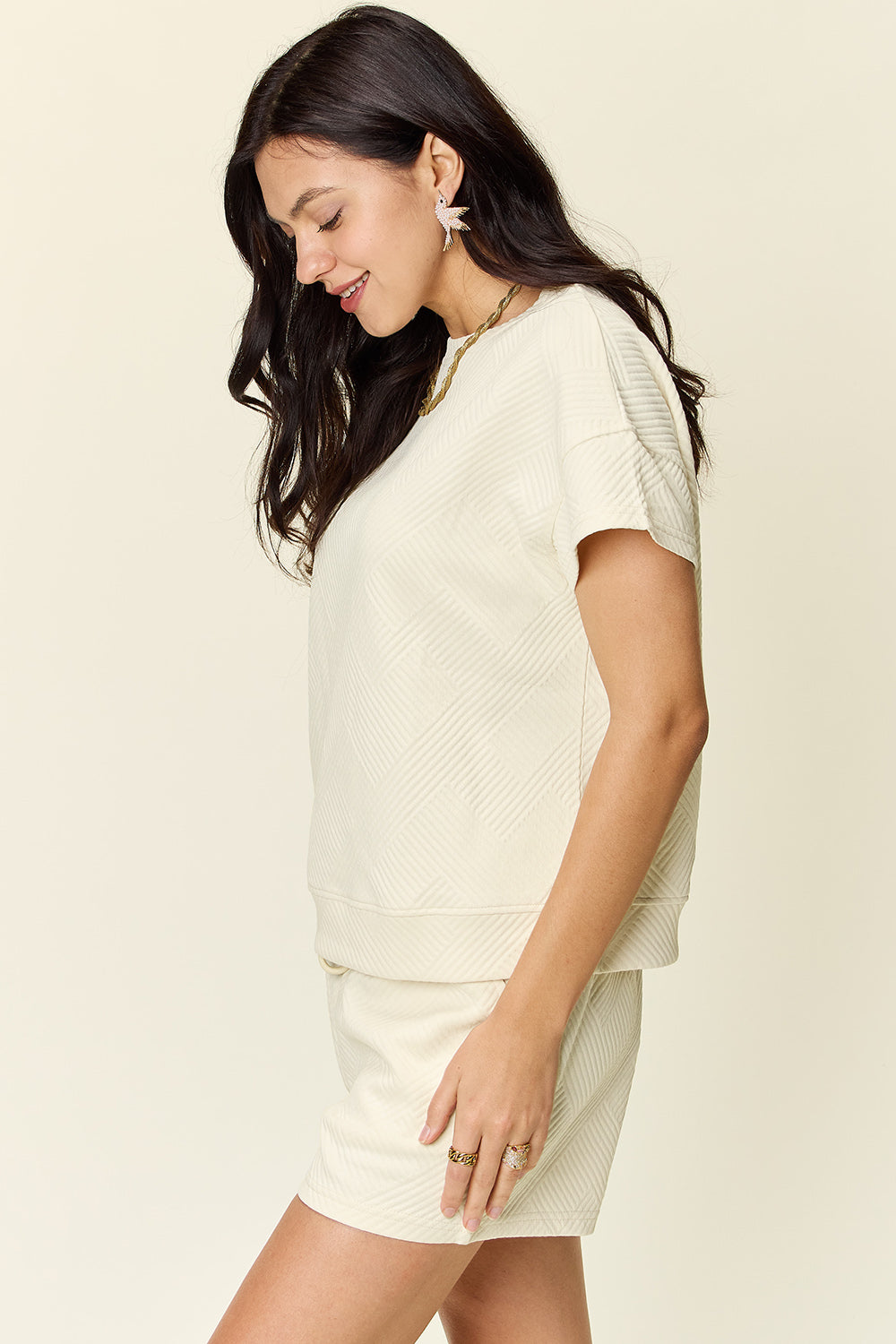 11 Colors- Double Take Quilted Textured Short Sleeve T-Shirt and Drawstring Shorts Set Loungewear