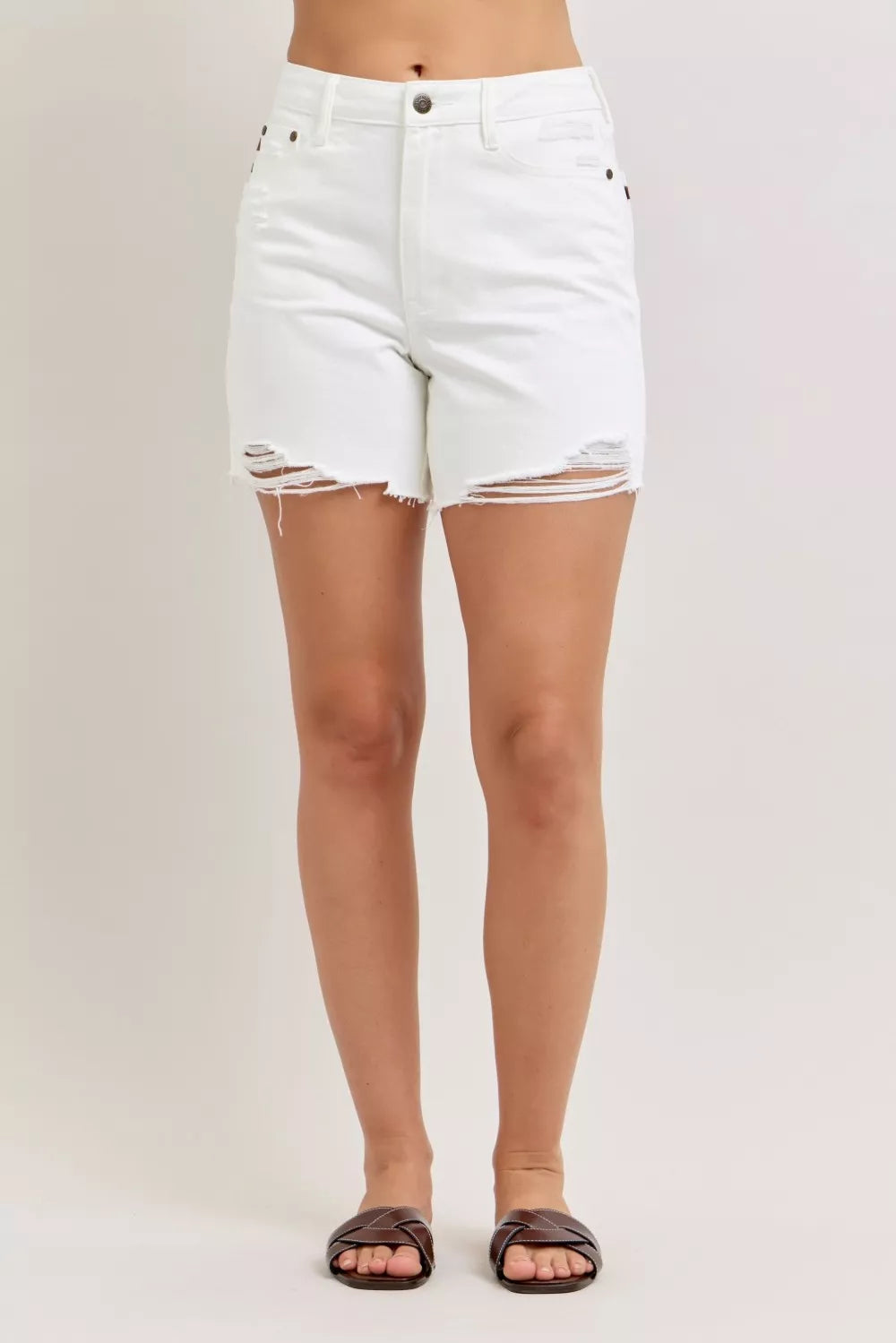 Judy Blue White High Waist Rigid Magic Dad Short with Cell Phone Back Pocket WHT