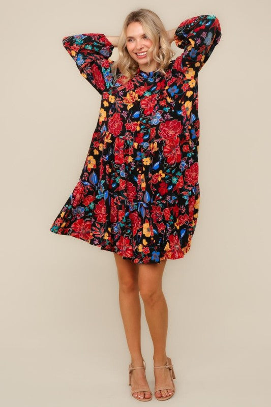 Haptics Bold Blooms Long Sleeve Tiered Mini Dress Dresses