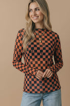 Haptics Spooky Checkered Pumpkin Mesh Long Sleeve Top Tops