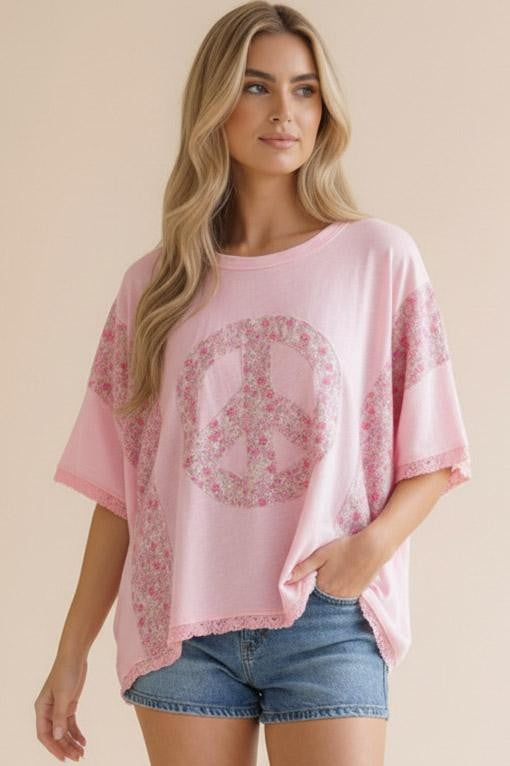 Haptics Floral Peace Sign Lace Trim Color Block Oversized Tee