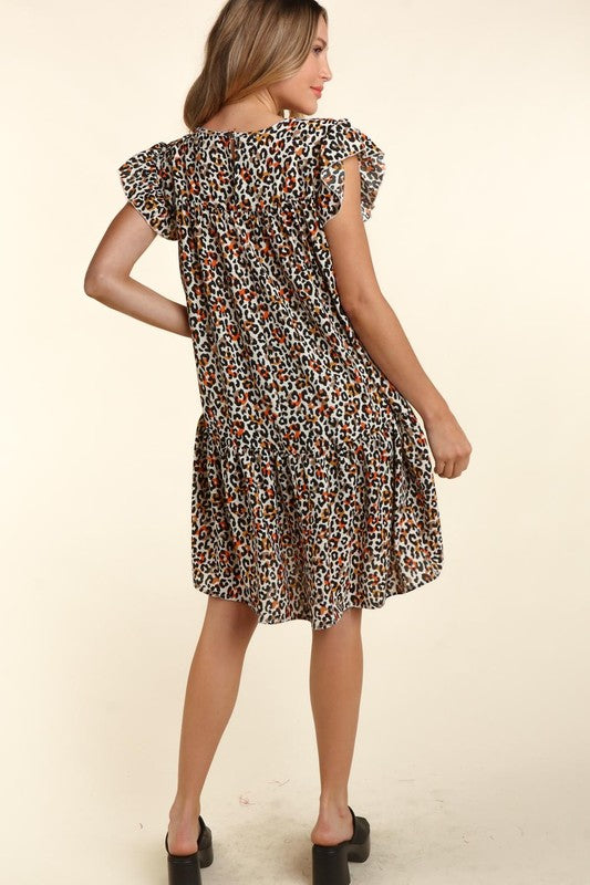 Haptics Taupe Leopard Print Tiered Ruffle Sleeve Woven Dress Dresses