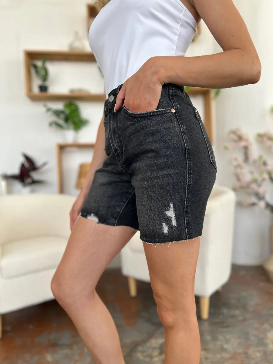 Judy Blue Washed Black High Rigid Front Denim Shorts Black