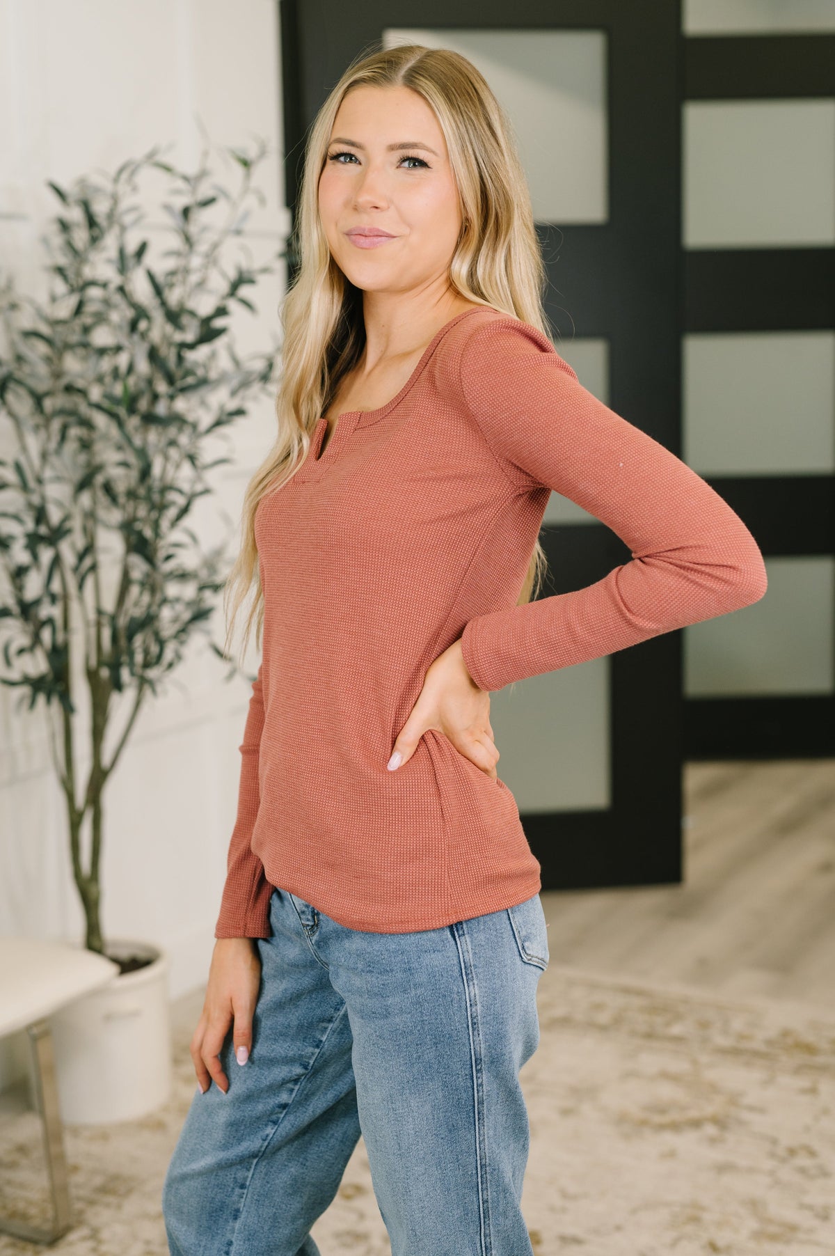 7th Ray All That I Know Split Neck Top in Marsala Tops