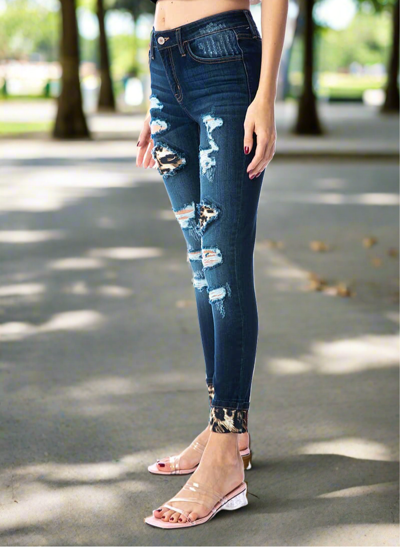 KanCan Mid Rise Distressed Leopard Print Accent Super Skinny Jeans Jeans