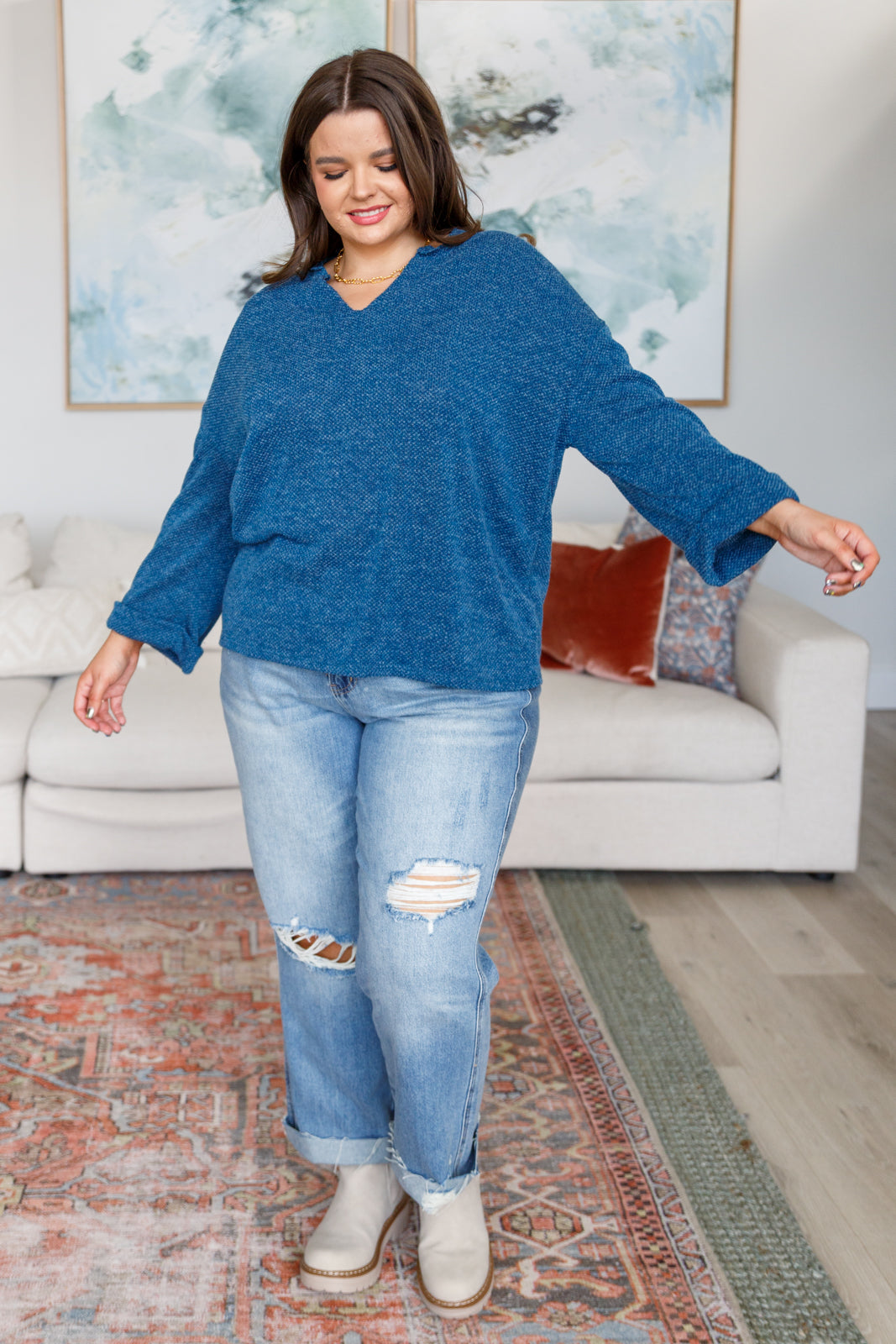 Sew in Love Best Foot Forward V-Neck Chenille Knit Pullover in Blue Tops