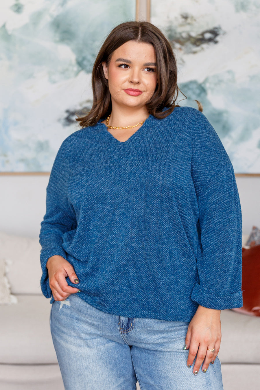 Sew in Love Best Foot Forward V-Neck Chenille Knit Pullover in Blue Tops
