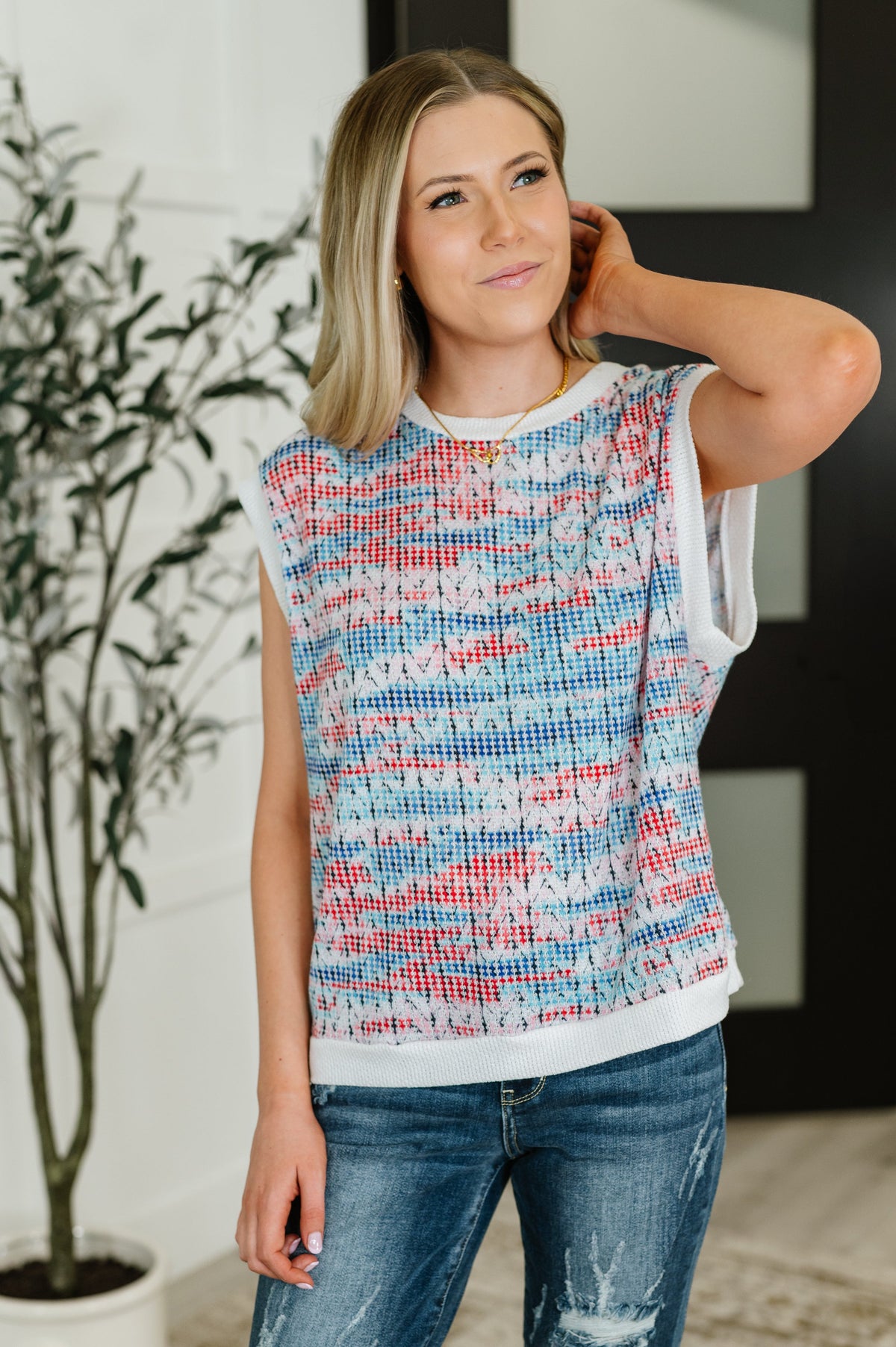 Haptics Blurred Beauty Textured Knit Top in Blue, Red and White Tops