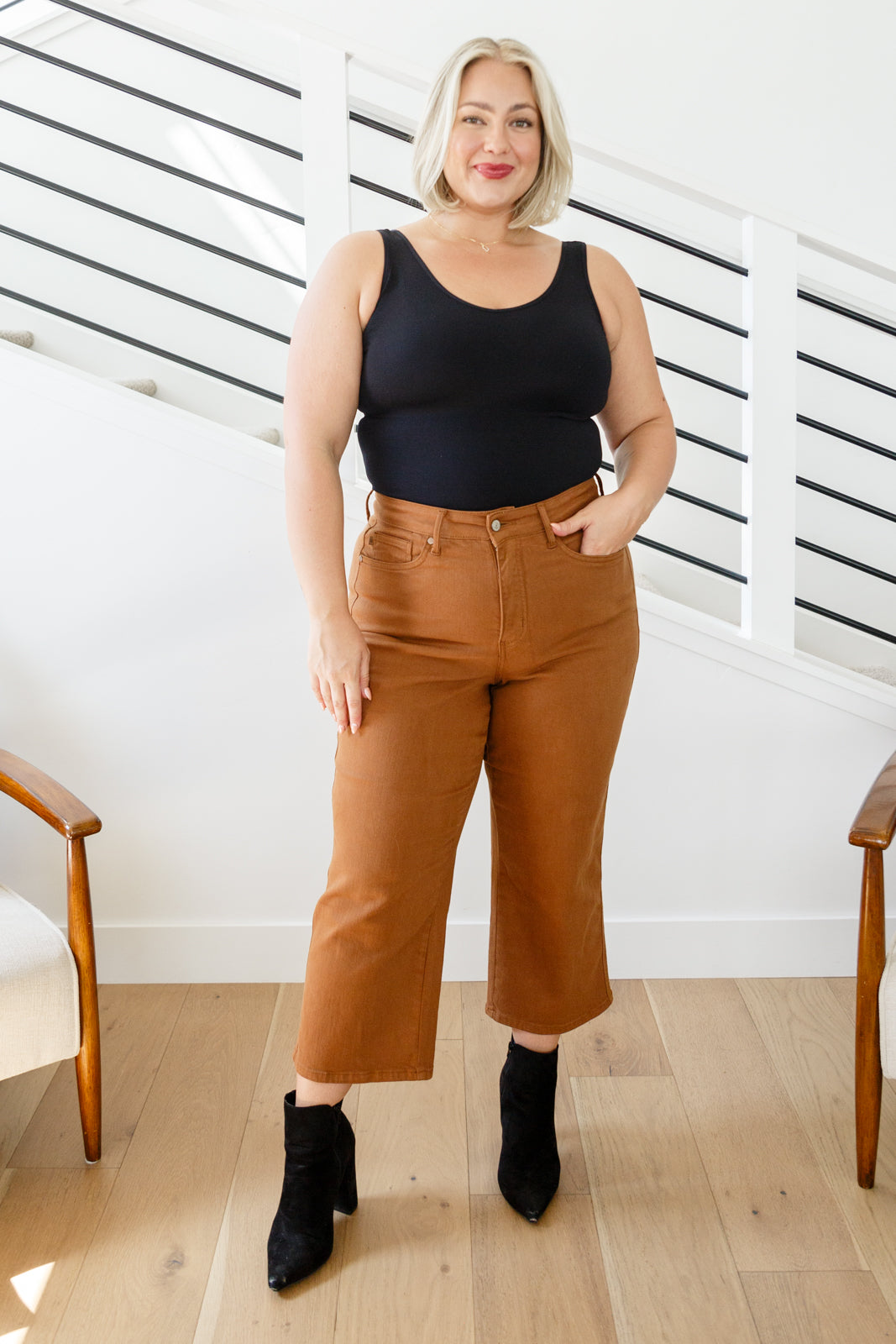 Judy Blue Briar High Rise Control Top Wide Leg Crop Jeans in Camel Denim