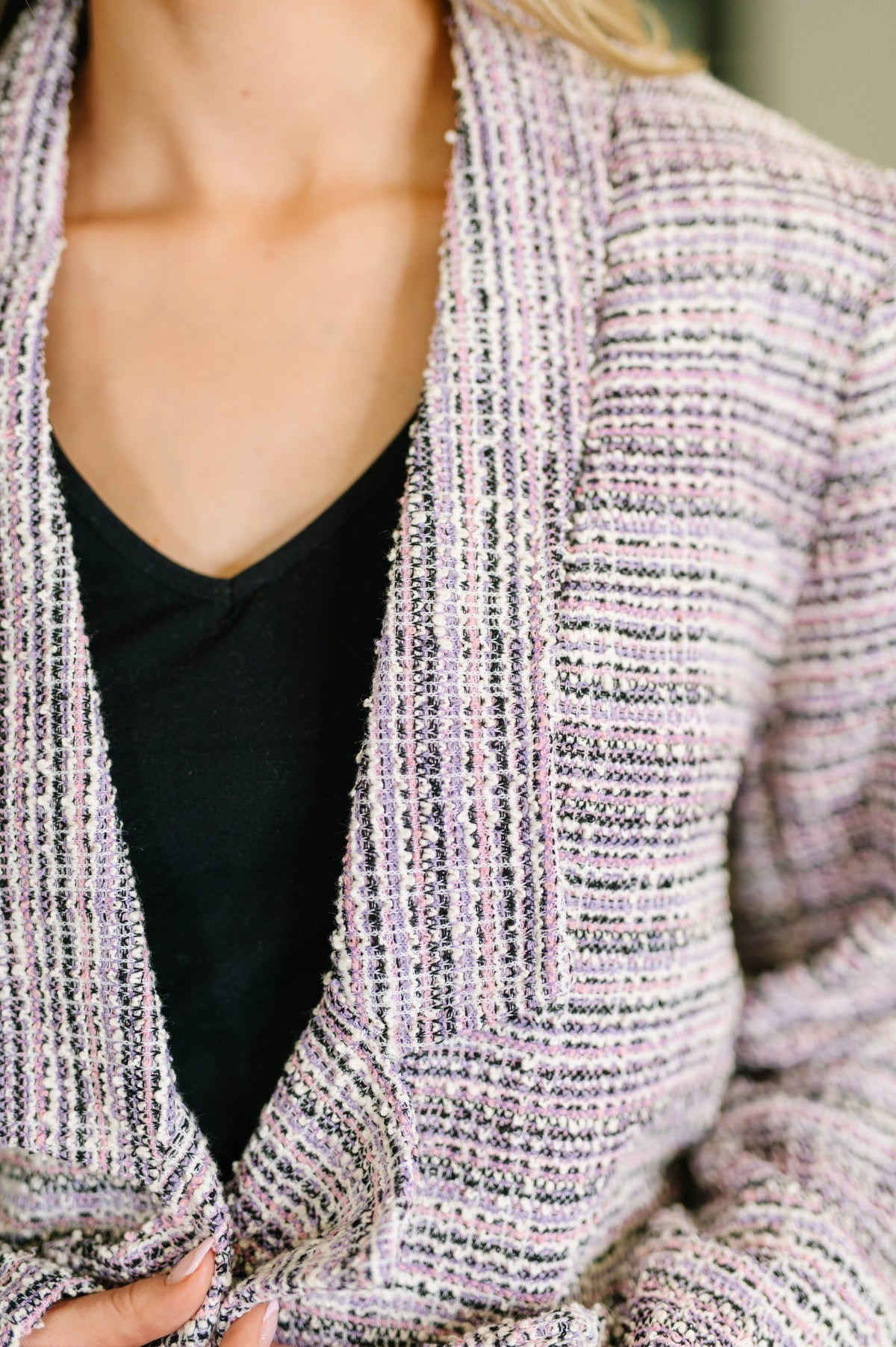 Dear Scarlett Brixton Tweed Midi Blazer in Lavender Ivory Womens
