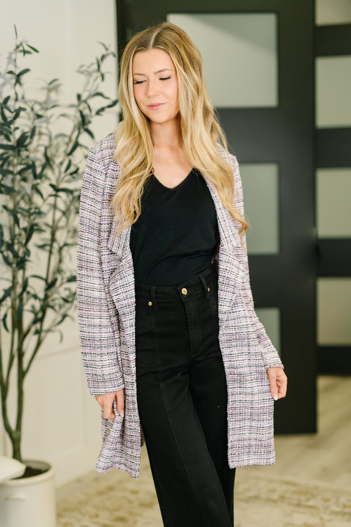 Dear Scarlett Brixton Tweed Midi Blazer in Lavender Ivory Womens