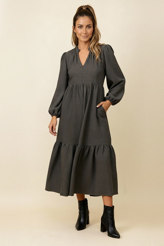 Haptics Every Single Touch V-Neck Tiered Maxi Dress in Ash Womens